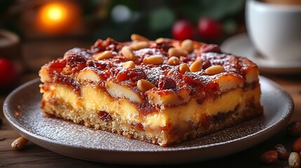 Torta della Nonna with a delicate custard filling, topped with pine nuts, served on a dessert plate, with a blurred espresso cup softly glowing in the background, warm light creating a cozy,