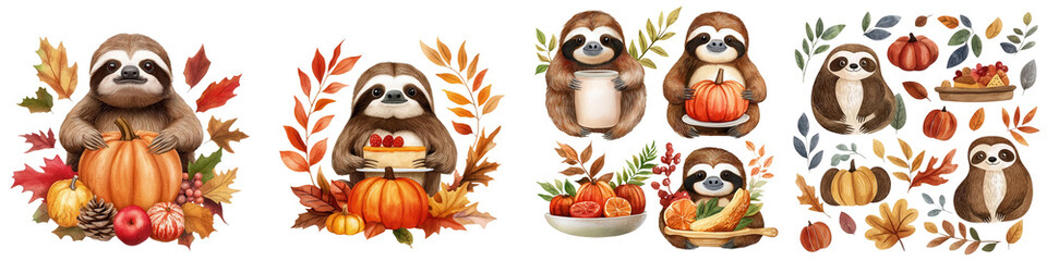 Playful sloth illustrations featuring pumpkins, autumn leaves, and festive themes, perfect for seasonal designs and decorations.