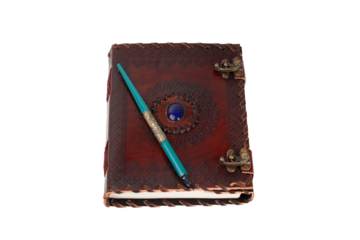 antique notebook or diary in leather or leather with carving and blue stone, silver metal clasp, green and gold wooden pen, white or transparent background, horizontal foreground photo with space for 