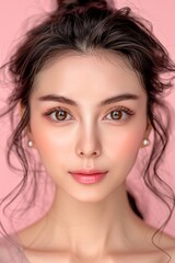 Obraz premium Radiant Asian Woman with Perfect Skin and Soft Makeup on Pink Background