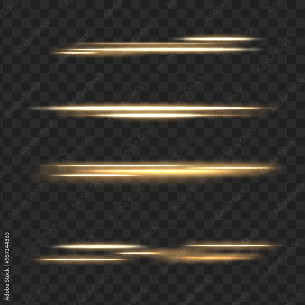 Poster gold line light glow with sparkle and flare shine. horizontal golden neon streak effect isolated on 