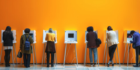 People voting in booths against a vibrant yellow background