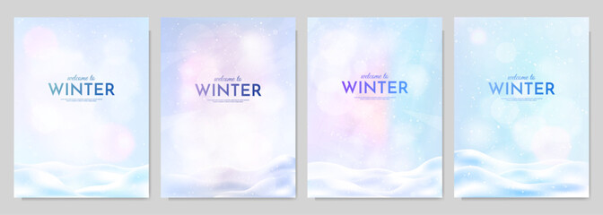 Fototapeta premium Vector illustration. Snowy background. Snowdrifts. Snowfall. Clear blue sky. Blizzard. Cartoon wallpaper. Cold weather. Winter season. Design for poster, cover, magazine, layout, flyer