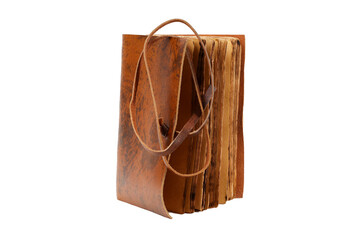 old notebook or diary with recycled sheets and leather cover with burned edges and space for text pure white background foreground
