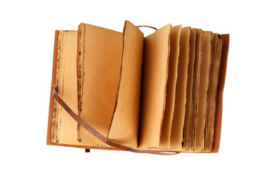 antique notebook or diary with papyrus leaves and leather or hide cover with burned edges and space for text pure white background pure white background close-up zenithal view