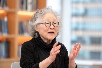 Senior Asian Woman Speaking Enthusiastically in Library Setting