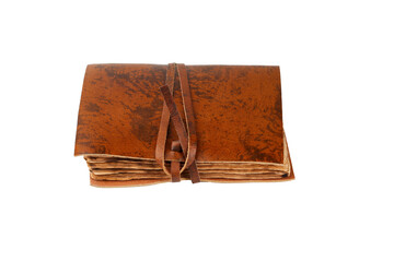 retro notebook or diary with recycled sheets and leather cover with cord or string, burned edges with space for text pure white background foreground