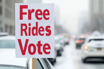 Election Day Promotion with Free Rides to Vote Sign in Urban Traffic