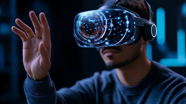 VR headset user interacting with a 3D website model, futuristic web development concept, immersive digital experience