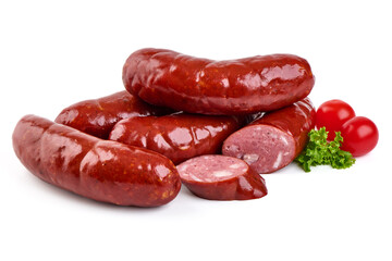 Roasted bratwurst sausages, isolated on white background