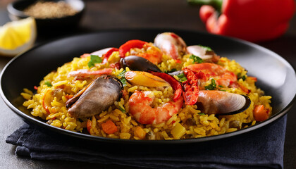 Fototapeta premium Traditional Spanish paella, saffron rice, fresh seafood, bell peppers. Tasty dish. Delicious food