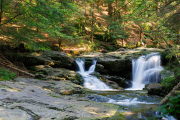 Rieslochbach und Rieslochfälle im Frühsommer bei Bodenmais am Arber im Bayerischen Wald