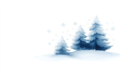 Obraz premium A detailed watercolor illustration showcases a group of pine trees cloaked in fresh snow, capturing the serene beauty of a winter landscape with soft shadows and vibrant colors