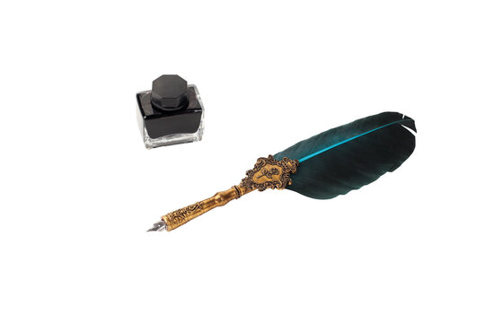 antique green and gold colored pen with ink bottle, white or transparent background, space for text.