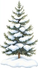 Fototapeta premium A detailed watercolor illustration showcases a group of pine trees cloaked in fresh snow, capturing the serene beauty of a winter landscape with soft shadows and vibrant colors