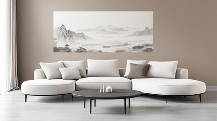 The living room features a minimalist design with three single chairs, a wooden coffee table, and a serene ink wash painting, combining tranquility and traditional Asian charm