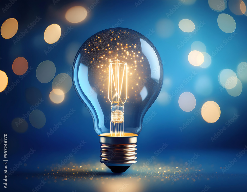Poster a light bulb with a bokeh effect on a blue background, representing creativity and innovati_1(158)