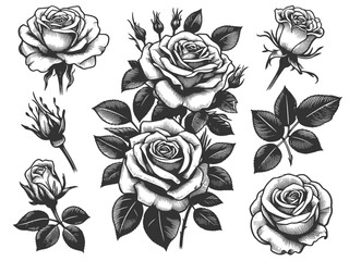 Set of various roses and leaves, tattoo design, elegance and beauty of classic floral designs sketch engraving generative ai vector illustration. Scratch board imitation. Black and white image