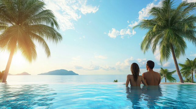 Kochająca para spędza błogie chwile w luksusowym tropikalnym ośrodku. Basen i palmy kokosowe tworzą malowniczą scenerię, idealną do odpoczynku i relaksu.