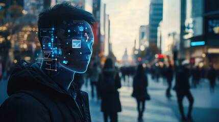 W miejskim otoczeniu, systemy rozpoznawania twarzy i technologii identyfikacji osobistej pracują w tle, monitorując przechodniów na ulicach. 