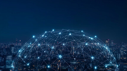 Obraz premium W scenerii nocnego miasta, z intensywnie świecącymi budynkami, globalne połączenia medialne i sieciowe stają się widoczne jako jasne linie i węzły. To wizualizacja nowoczesnej technologii.