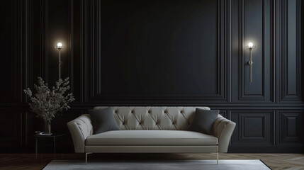 Nowoczesne wnętrze, w kt&oacute;rym tapicerowane meble wyr&oacute;żniają się na tle ciemnej, klasycznej ściany, tworzy efektowną przestrzeń. 