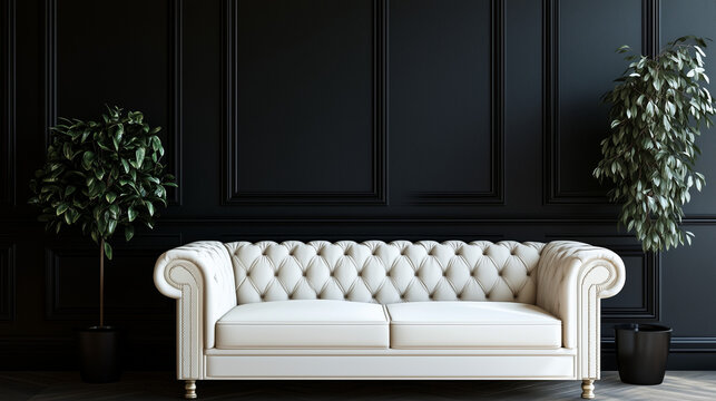 Nowoczesne wnętrze, w kt&oacute;rym tapicerowane meble wyr&oacute;żniają się na tle ciemnej, klasycznej ściany, tworzy efektowną przestrzeń. 