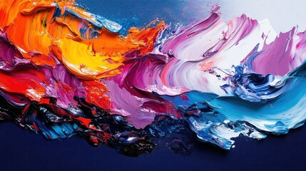 A bright, abstract painting featuring a colorful palette with strokes of orange, purple, pink, blue, and white, dynamically spread across the canvas creating a vivid artistic impression.