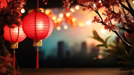 Background with traditional Asian red hanging lanterns. convey the essence of a festive Asian night.