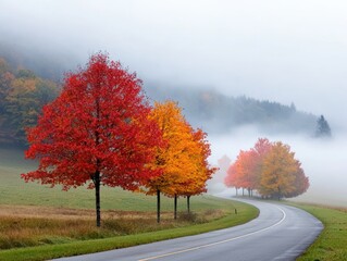 Obraz premium Scenic Autumn Road with Vibrant Red and Orange Trees Amidst Morning Fog in Countryside