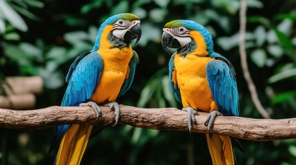 Obraz premium Two stunning tropical birds perched on a branch amidst lush greenery, showcasing vibrant colors and a tranquil forest atmosphere