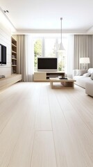 Fototapeta premium A spacious living room features a white linen sofa and wooden coffee table, complemented by woven baskets and warm accents, creating a relaxed atmosphere