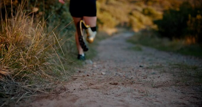 Running, exercise and woman with prosthetic blade for workout, marathon training and fitness. Sports, outdoors and person with disability start for wellness, legs and performance on nature trail