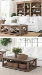 Obraz premium A spacious living room features a white linen sofa and wooden coffee table, complemented by woven baskets and warm accents, creating a relaxed atmosphere