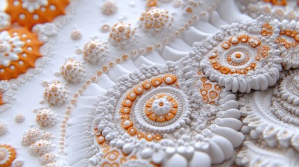 This artwork features a mesmerizing close-up of an octopus tentacle crafted from intricate fractals, highlighted with vibrant orange and white colors, set against a dark background