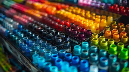 Obraz premium A vibrant display of colorful paint bottles arranged in neat rows on store shelves, offering a rainbow of choices for artists and creators. Perfect for themes related to art, creativity, and crafting