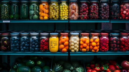 A vibrant display of fresh fruits and colorful jars of preserved produce neatly arranged on shelves. Perfect for themes related to healthy eating, fresh produce, organic food, and nutrition.