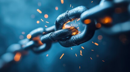 A close-up view of a chain link breaking, with sparks flying in a dramatic and intense scene...