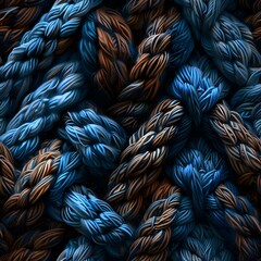 Twisted nautical ropes in deep blue and brown colors create an abstract pattern perfect for marine themes, textile design, and background art. Macro photography highlights texture.