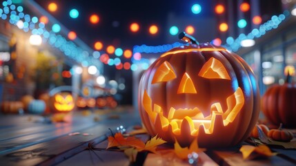 Glowing jack-o'-lantern sits on a wooden table with colorful bokeh lights in the background. The warm, festive atmosphere captures the excitement and spirit of Halloween night celebrations.