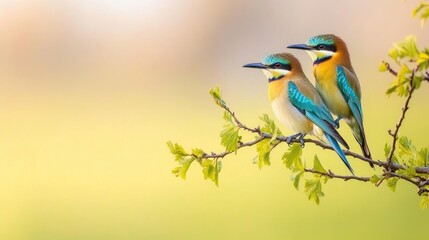 Fototapeta premium Two stunning tropical birds perched on a branch amidst lush greenery, showcasing vibrant colors and a tranquil forest atmosphere