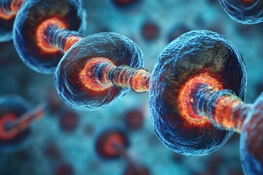 Vibrant microscopic view of cells showcasing intricate structures and connections, highlighting biology and cellular function.