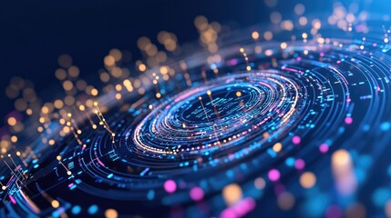 A glowing hologram rests on a detailed digital circuit board, surrounded by intricate tech patterns and bright lights, showcasing stunning hyperrealism