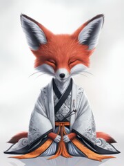 Calm Fox Meditating in Traditional Japanese Kimono with Serene Background.