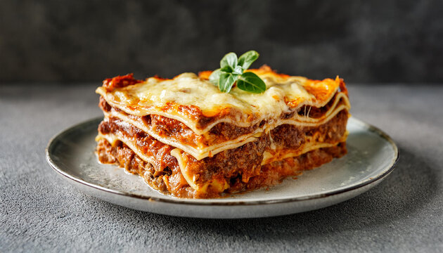Italian lasagna with Bolognese sauce, creamy b&eacute;chamel, and pasta sheets. Tasty dish. Delicious food