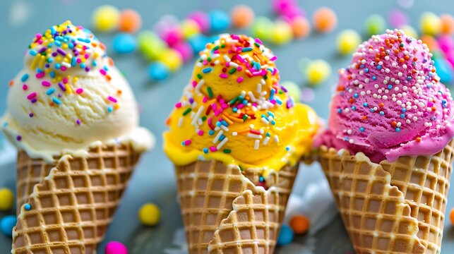 Three vibrant ice cream cones each topped with sprinkles - Powered by Adobe
