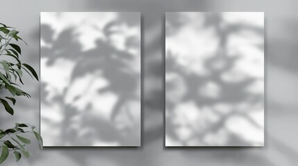 Minimalist wall with two blank canvases displaying soft shadows, perfect for creative decor and artistic inspiration.