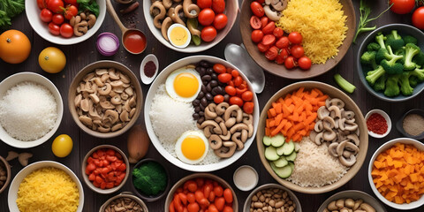 A selection of colorful Buddha bowls filled with rice, boiled eggs, mushrooms, fresh vegetables, and various nutritious ingredients on a rustic table. 