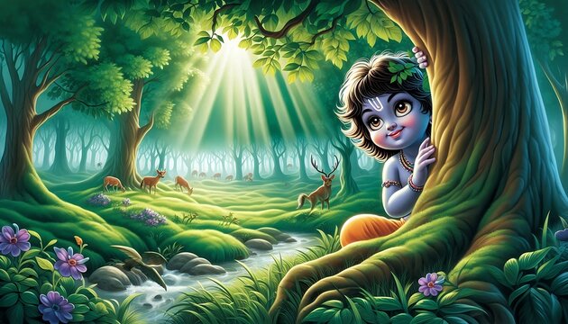 Playful Krishna in the Enchanted Forest