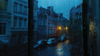 Raindrops running down wet window glass. Heavy rain outside. Gloomy bad autumn weather. Night city street. Fall rainy day. Extreme storm conditions. Flooding. Dangerous thunderstorm. Stay at home.